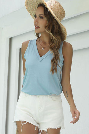 Warm Weather Staple Pastel Blue V Neck Tank - MXSTUDIO.COM