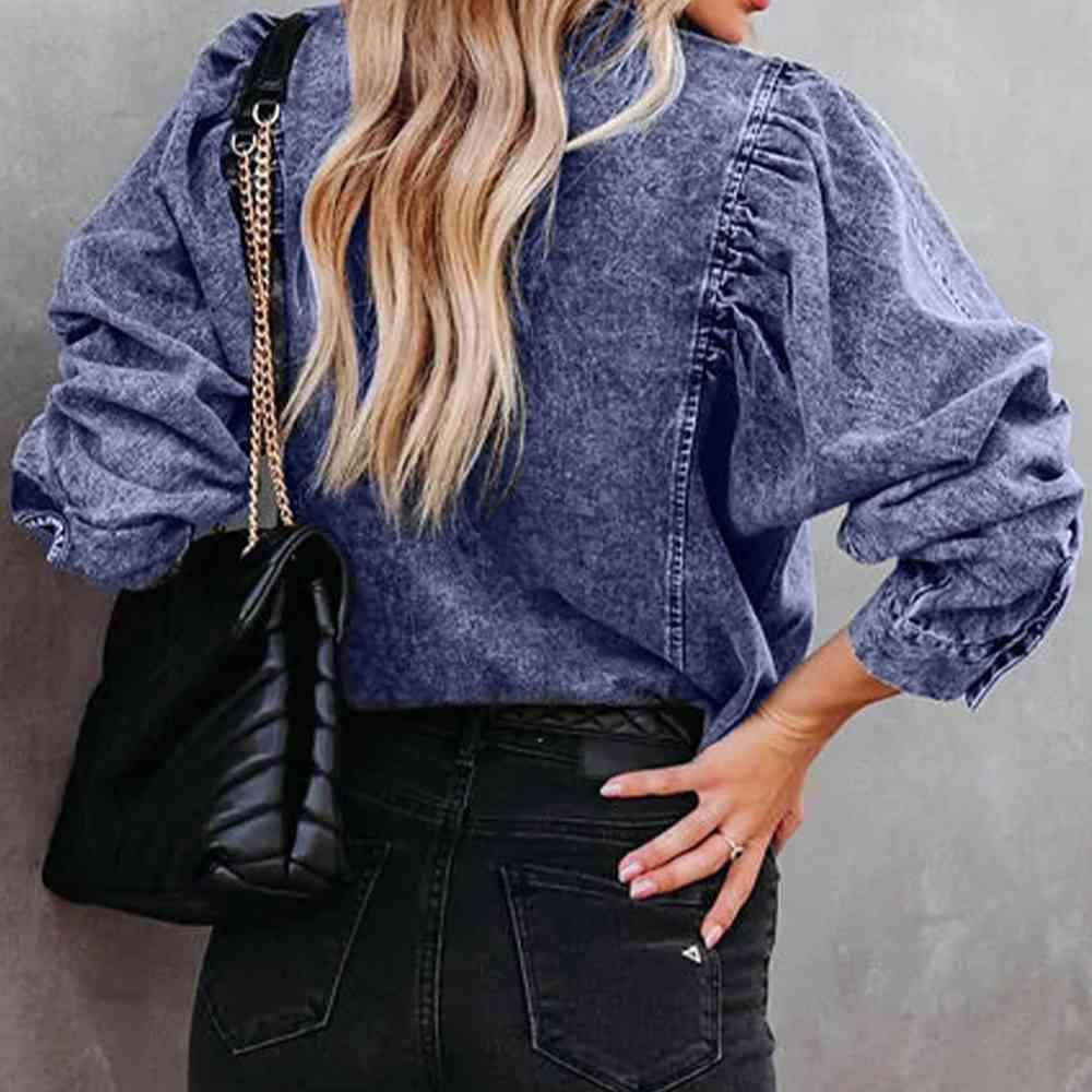 Washed Buttoned Long Sleeve Denim Shirt - MXSTUDIO.COM