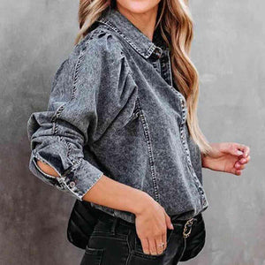 Washed Buttoned Long Sleeve Denim Shirt - MXSTUDIO.COM