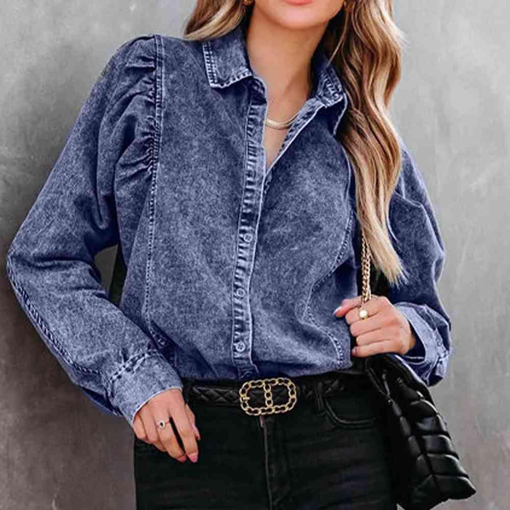 Washed Buttoned Long Sleeve Denim Shirt - MXSTUDIO.COM