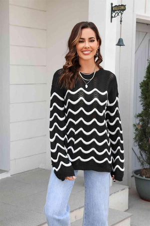 Wave Pattern Crew Neck Open Knit Sweater - MXSTUDIO.COM
