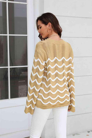 Wave Pattern Crew Neck Open Knit Sweater - MXSTUDIO.COM