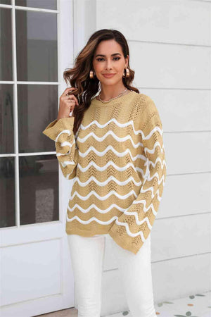 Wave Pattern Crew Neck Open Knit Sweater - MXSTUDIO.COM