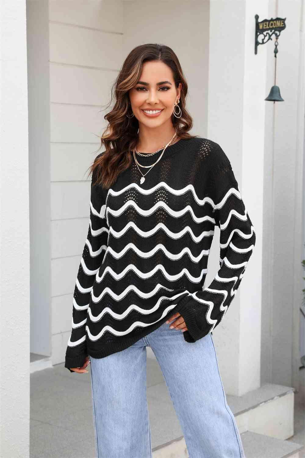 Wave Pattern Crew Neck Open Knit Sweater - MXSTUDIO.COM