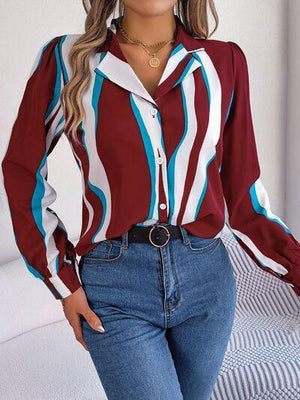 a woman wearing a red, white and blue striped shirt