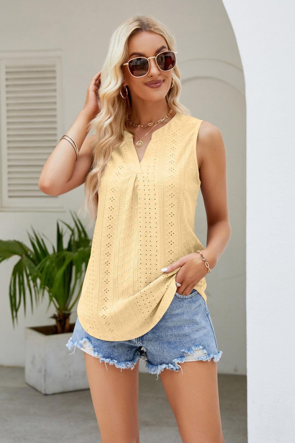 Wear All Day Notched Neck Eyelet Tank Top - MXSTUDIO.COM
