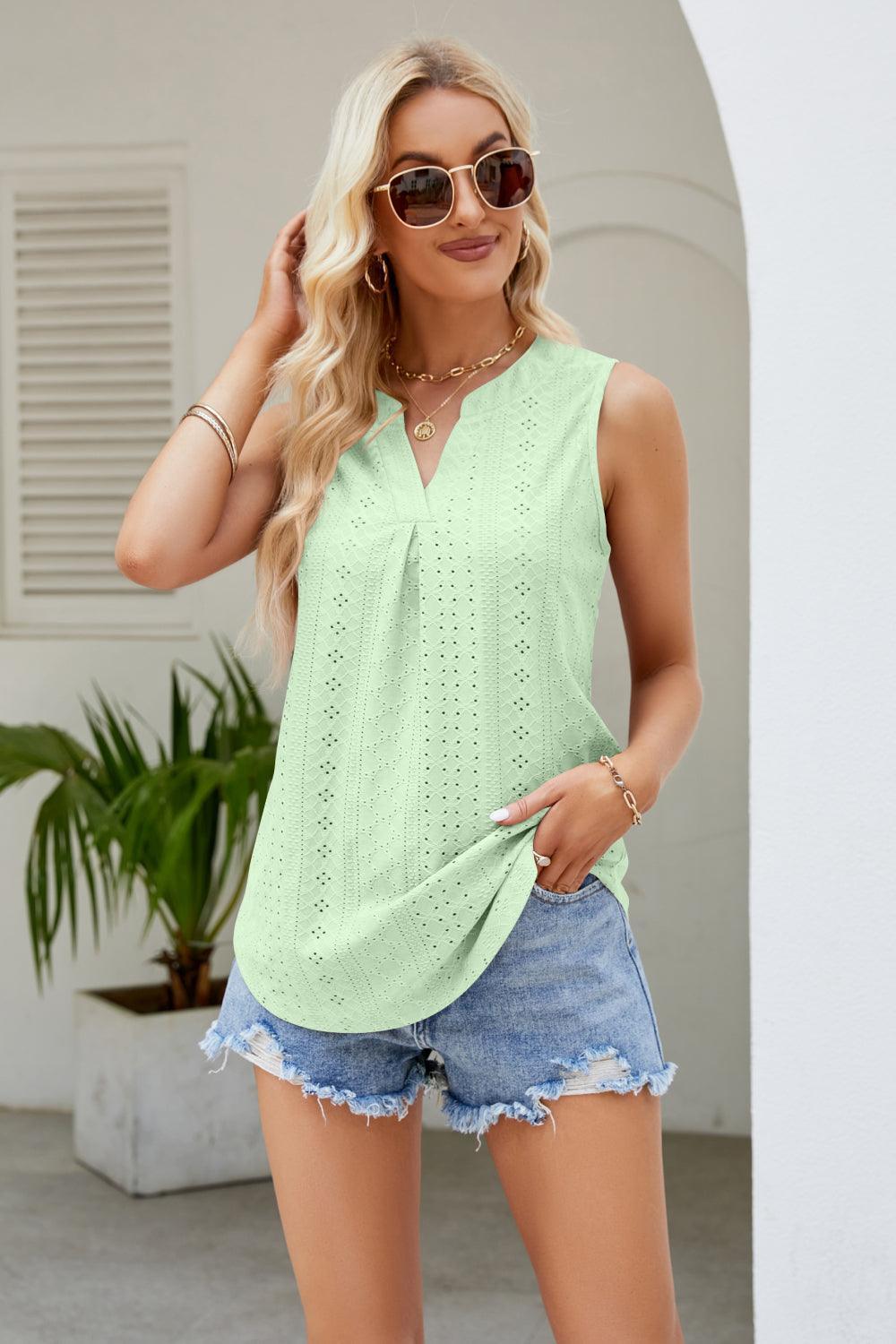 Wear All Day Notched Neck Eyelet Tank Top - MXSTUDIO.COM