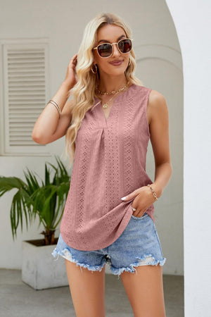 Wear All Day Notched Neck Eyelet Tank Top - MXSTUDIO.COM