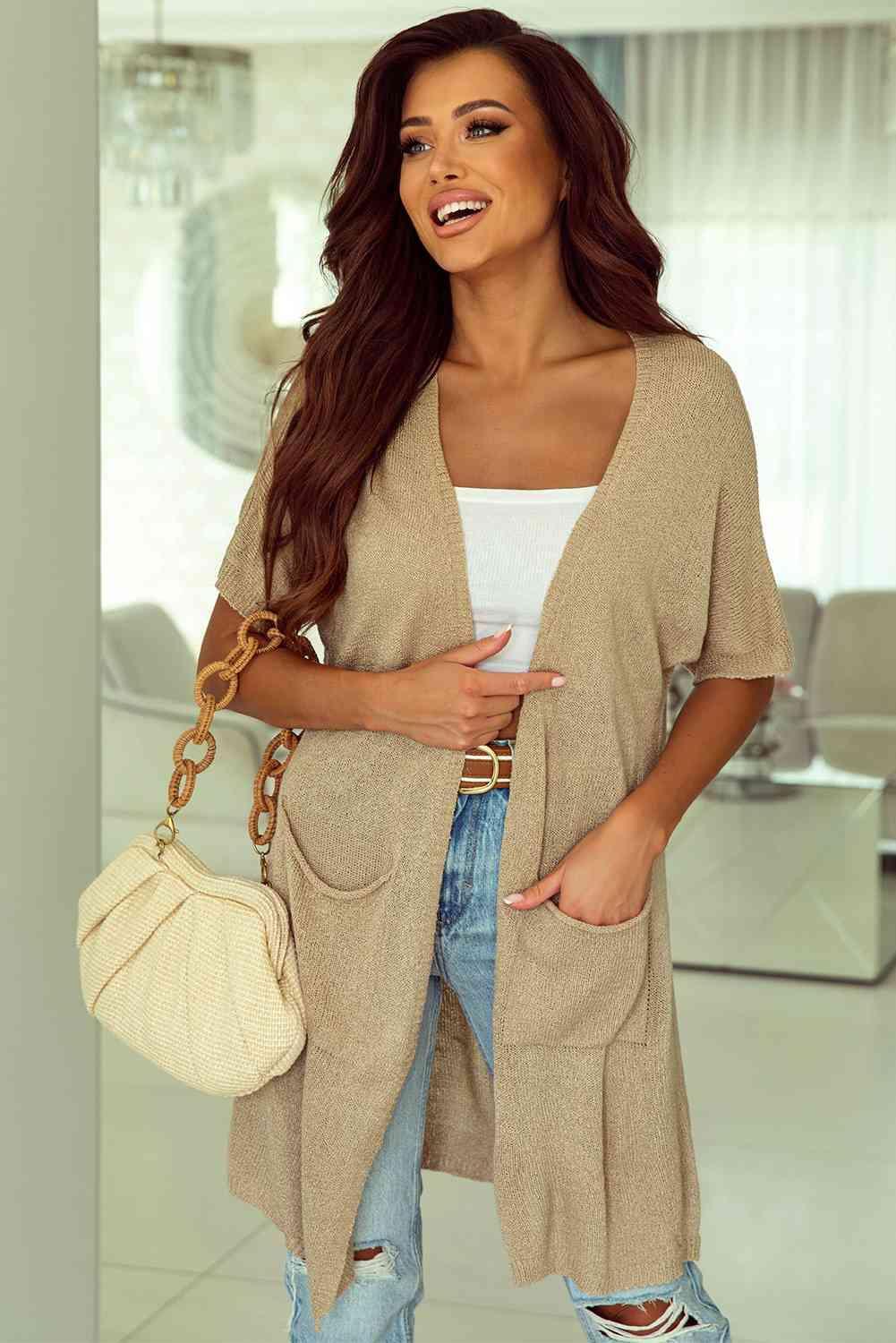 Wear Everywhere Open Front Short Sleeve Long Cardigan - MXSTUDIO.COM