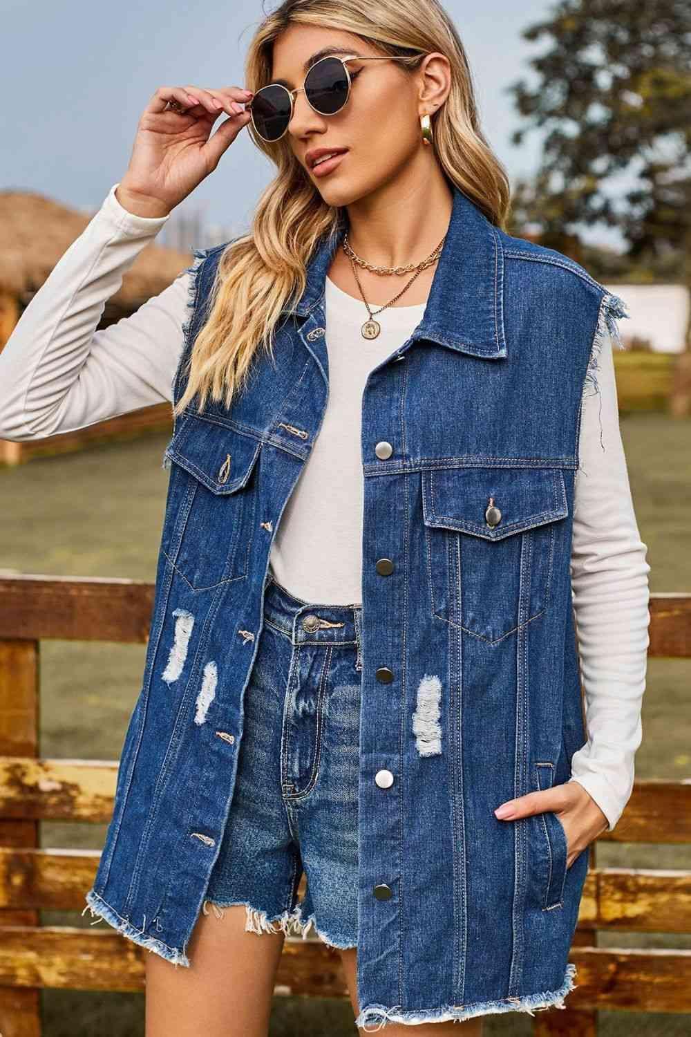 Western Beauty Distressed Denim Vest - MXSTUDIO.COM