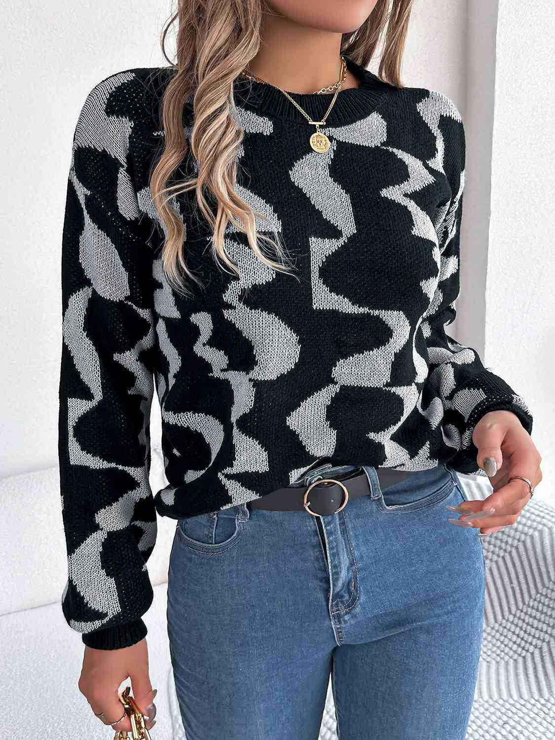 Whimsical Crew Neck Knit Contrast Sweater-MXSTUDIO.COM