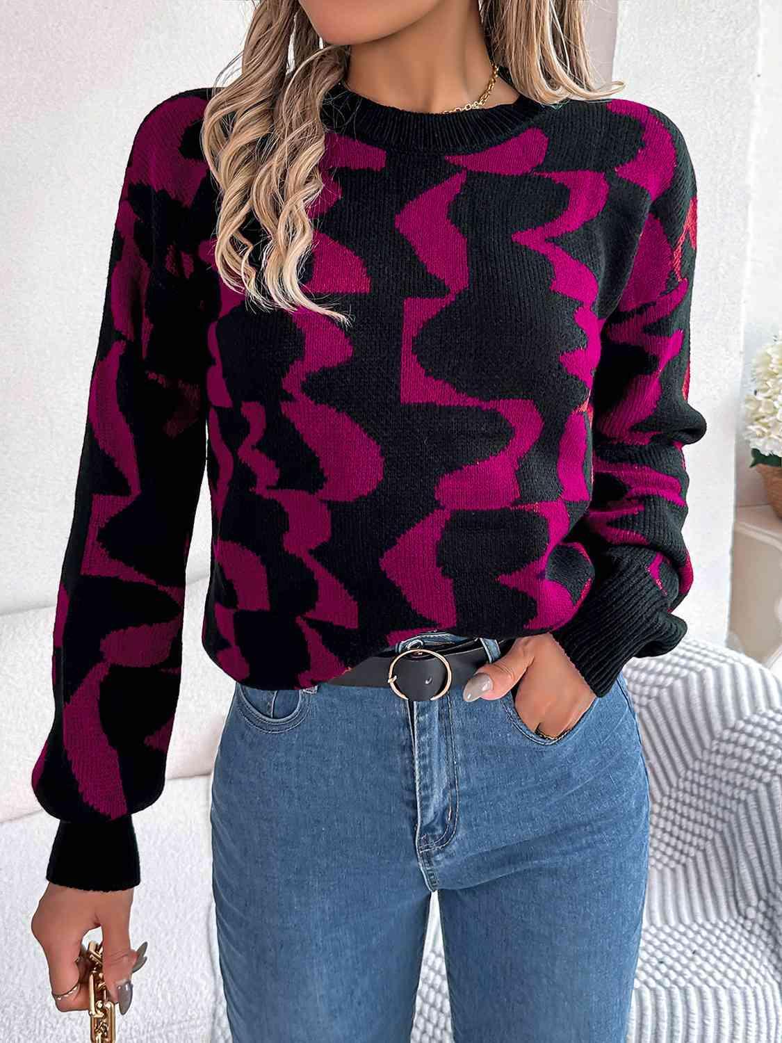 Whimsical Crew Neck Knit Contrast Sweater-MXSTUDIO.COM