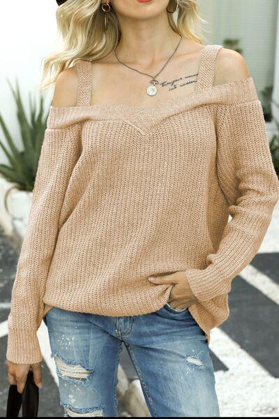 Wide Strap Knitted Cold Shoulder Sweater-MXSTUDIO.COM