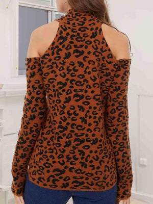 Wild Chic Mock Neck Leopard Cold Shoulder Sweater-MXSTUDIO.COM