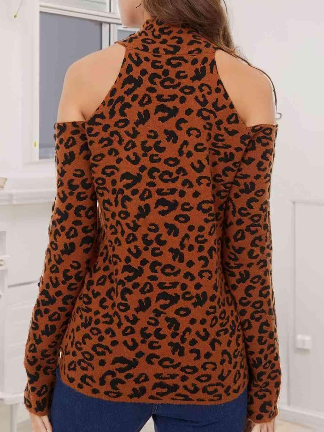 Wild Chic Mock Neck Leopard Cold Shoulder Sweater-MXSTUDIO.COM