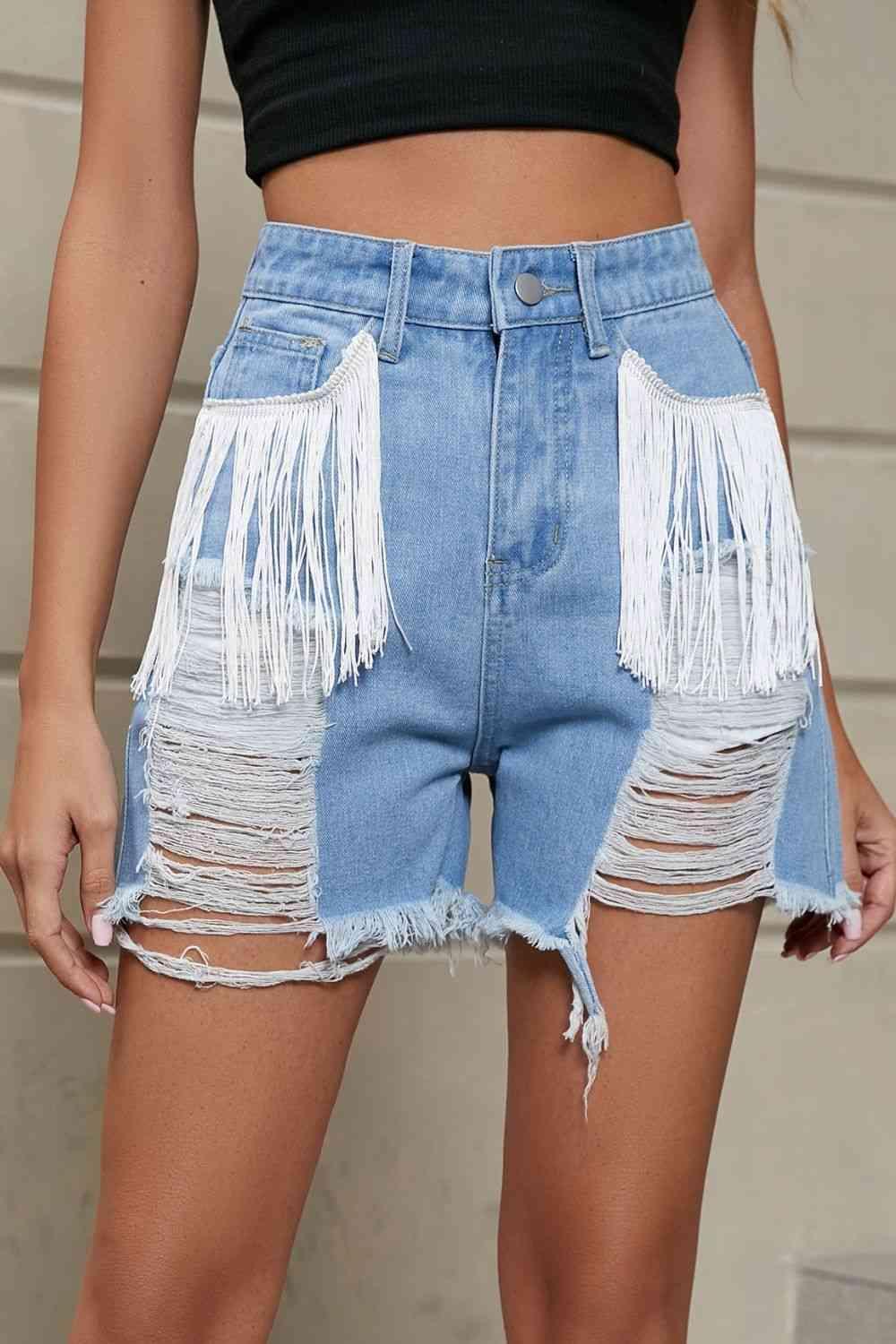 Wild West Fringe Distressed Denim Shorts - MXSTUDIO.COM