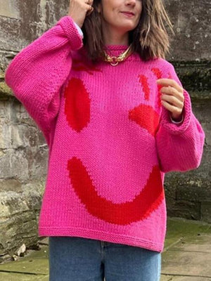 Wink Face Emoji Crew Neck Knit Sweater-MXSTUDIO.COM