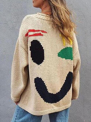 Wink Face Emoji Crew Neck Knit Sweater-MXSTUDIO.COM