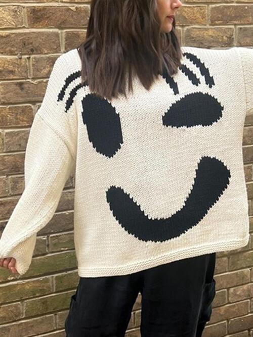 Wink Face Emoji Crew Neck Knit Sweater-MXSTUDIO.COM