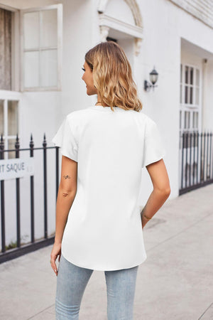 Winsome Flutter Sleeve Notched Neck Satin Top - MXSTUDIO.COM