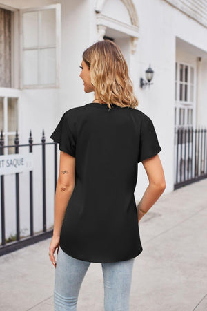 Winsome Flutter Sleeve Notched Neck Satin Top - MXSTUDIO.COM