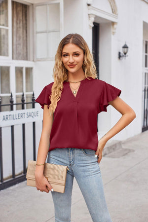 Winsome Flutter Sleeve Notched Neck Satin Top - MXSTUDIO.COM