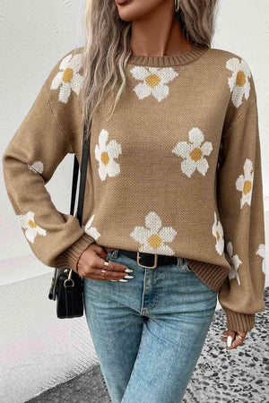 Winter Blooms Crew Neck Floral Sweater-MXSTUDIO.COM