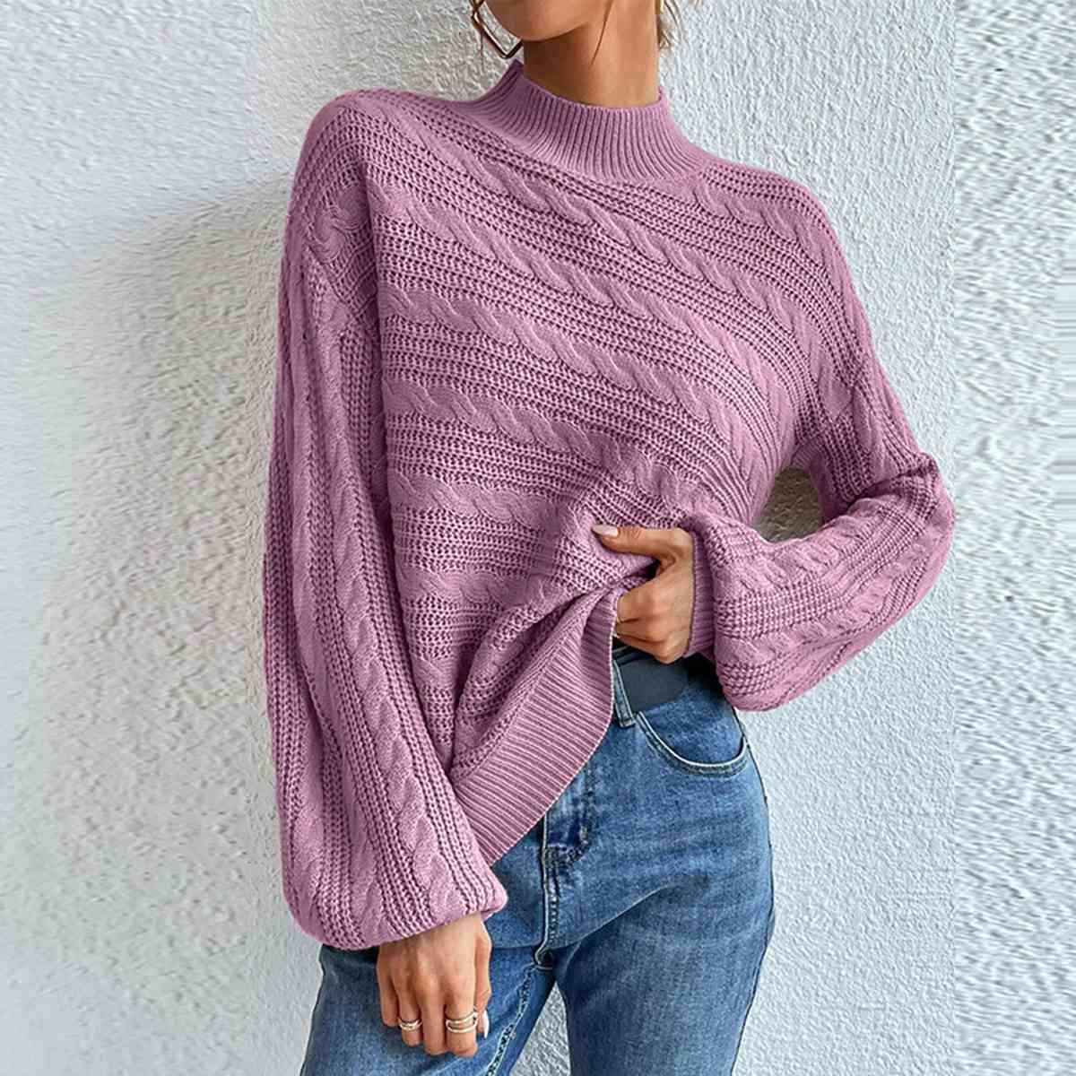 Winter Comfort Cable Knit Mock Neck Sweater-MXSTUDIO.COM