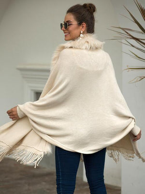 Winter Darling Fringe Open Front Faux Fur Poncho-MXSTUDIO.COM