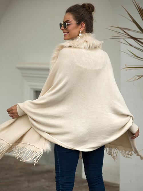 Winter Darling Fringe Open Front Faux Fur Poncho-MXSTUDIO.COM