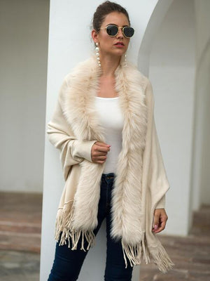 Winter Darling Fringe Open Front Faux Fur Poncho-MXSTUDIO.COM