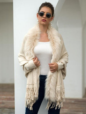 Winter Darling Fringe Open Front Faux Fur Poncho-MXSTUDIO.COM
