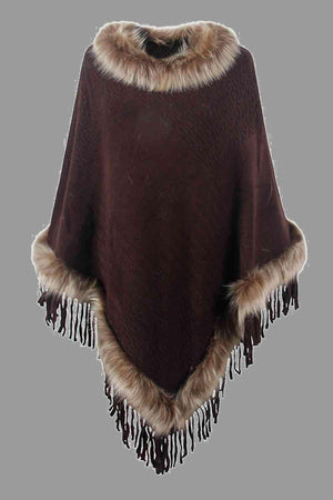 Winter Elegance Fringe Faux Fur Trim Poncho - MXSTUDIO.COM
