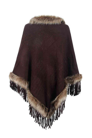 Winter Elegance Fringe Faux Fur Trim Poncho - MXSTUDIO.COM