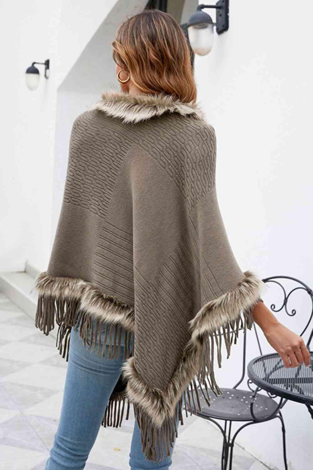 Winter Elegance Fringe Faux Fur Trim Poncho - MXSTUDIO.COM