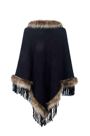 Winter Elegance Fringe Faux Fur Trim Poncho - MXSTUDIO.COM