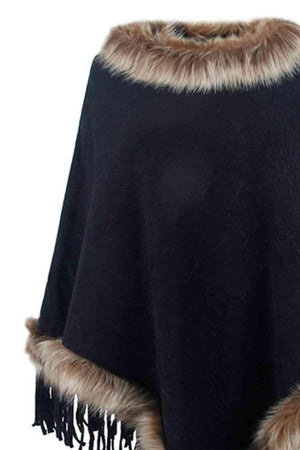 Winter Elegance Fringe Faux Fur Trim Poncho - MXSTUDIO.COM