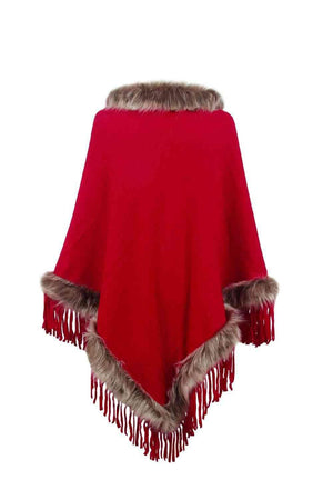 Winter Elegance Fringe Faux Fur Trim Poncho - MXSTUDIO.COM
