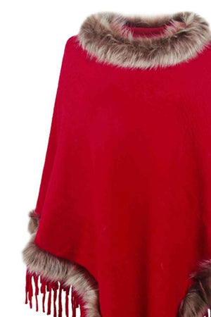 Winter Elegance Fringe Faux Fur Trim Poncho - MXSTUDIO.COM