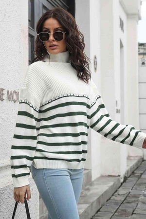 Winter Flair Turtleneck Stripe Sweater-MXSTUDIO.COM