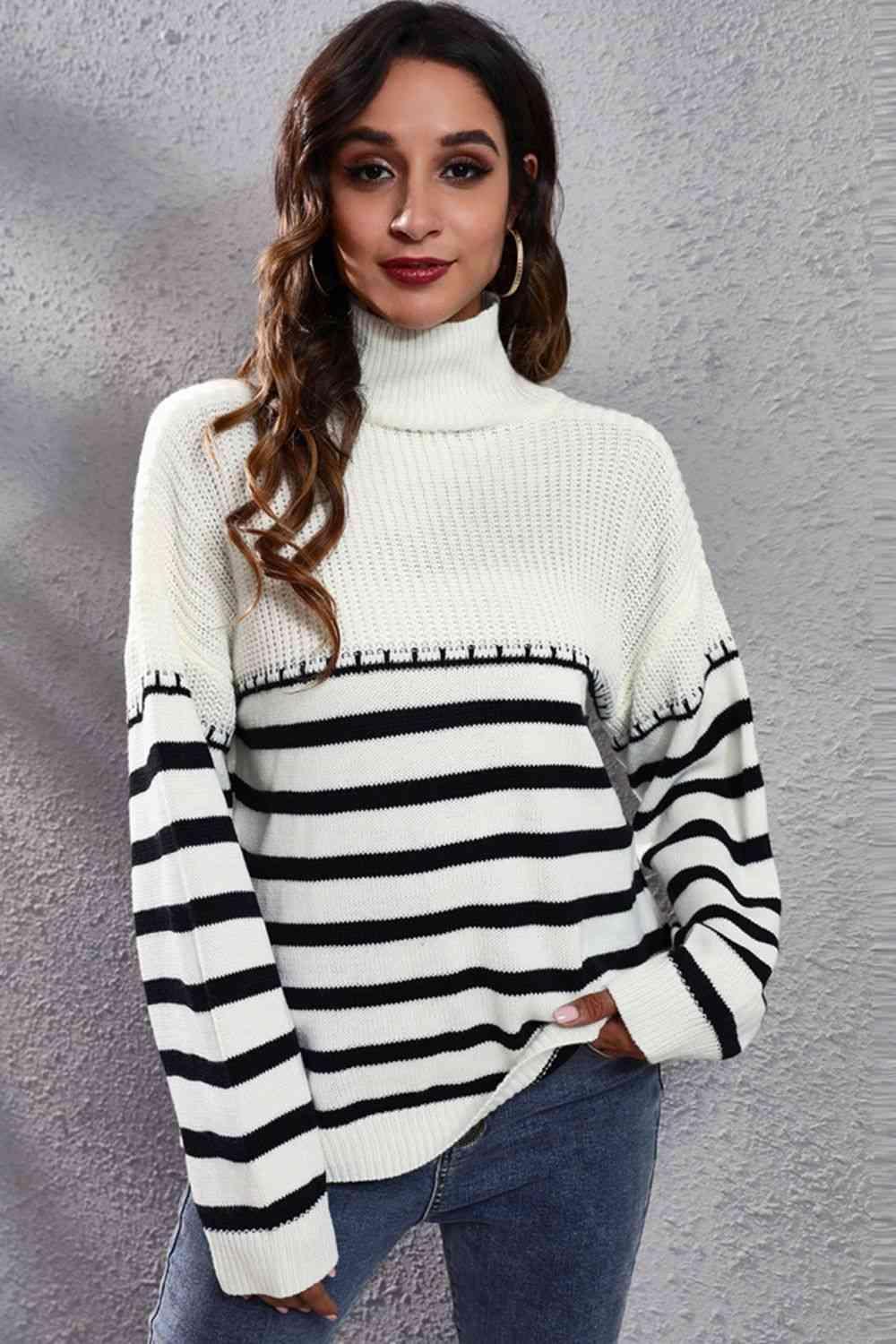 Winter Flair Turtleneck Stripe Sweater-MXSTUDIO.COM
