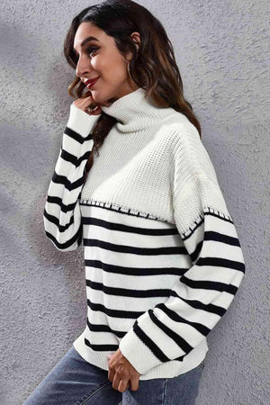 Winter Flair Turtleneck Stripe Sweater-MXSTUDIO.COM