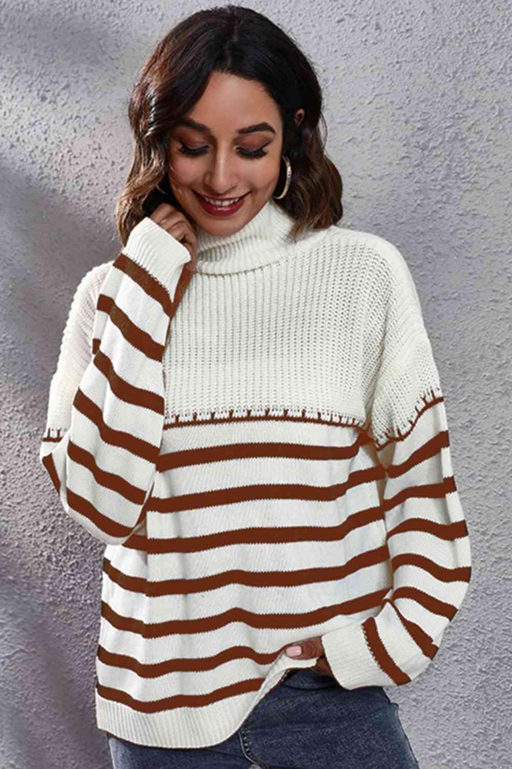 Winter Flair Turtleneck Stripe Sweater-MXSTUDIO.COM