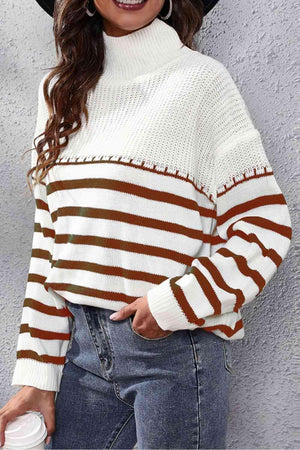 Winter Flair Turtleneck Stripe Sweater-MXSTUDIO.COM