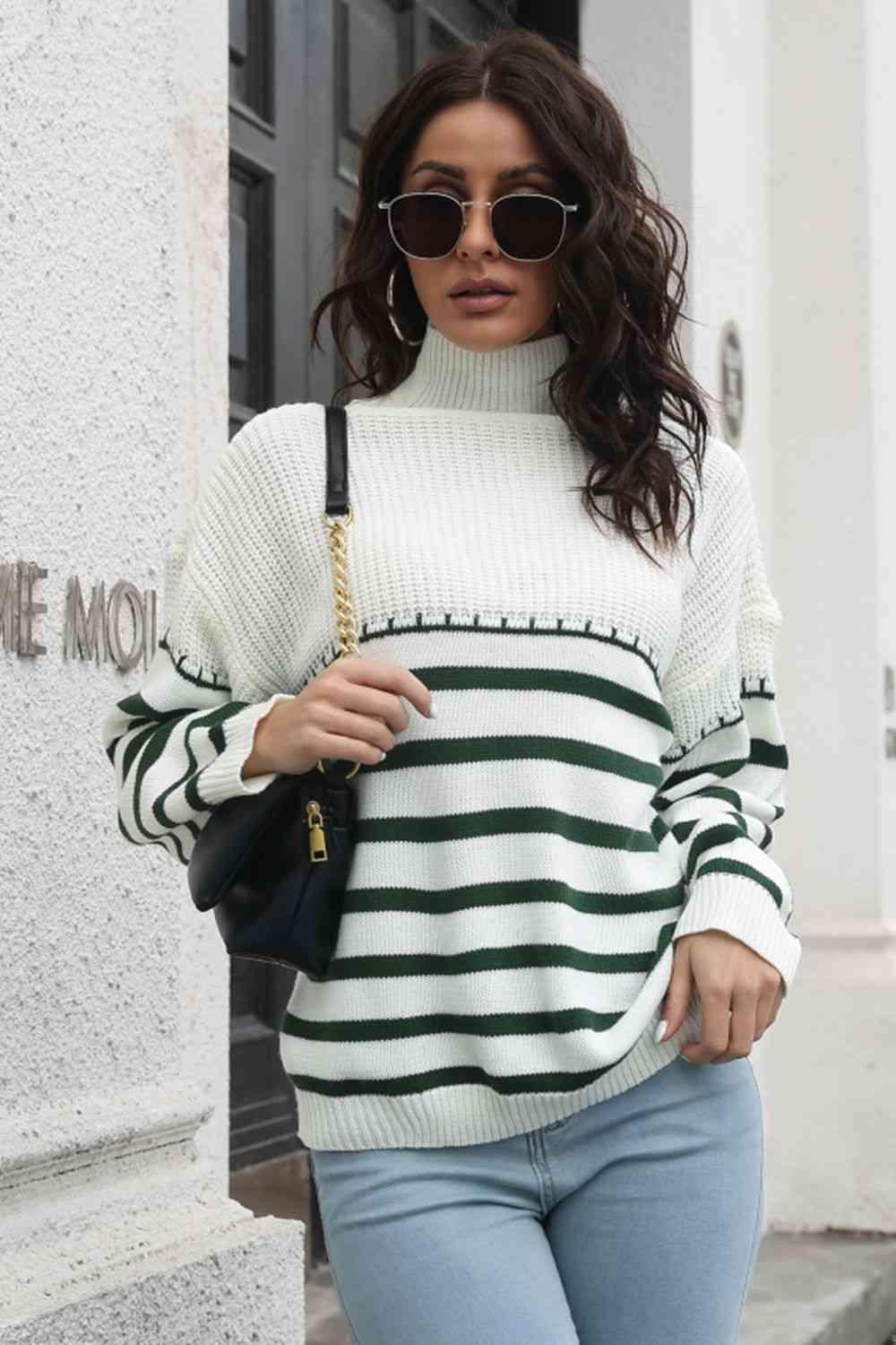 Winter Flair Turtleneck Stripe Sweater-MXSTUDIO.COM