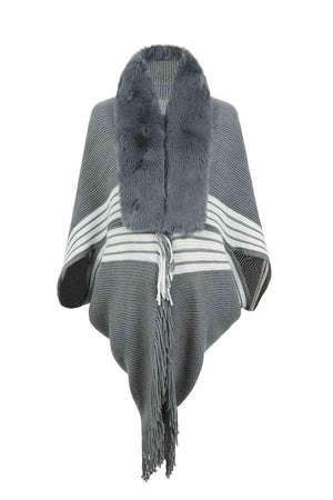 Winter Must-Have Fringe Faux Fur Trim Poncho - MXSTUDIO.COM