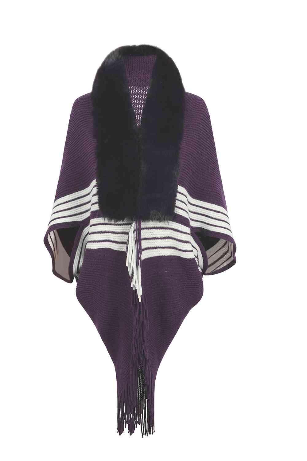 Winter Must-Have Fringe Faux Fur Trim Poncho - MXSTUDIO.COM