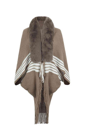 Winter Must-Have Fringe Faux Fur Trim Poncho - MXSTUDIO.COM
