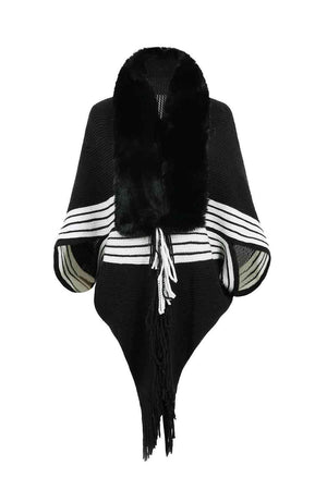 Winter Must-Have Fringe Faux Fur Trim Poncho - MXSTUDIO.COM