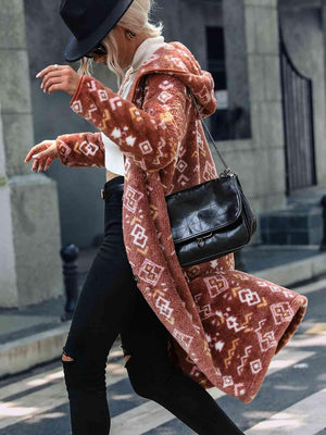 Winter Pizzazz Geometric Long Fleece Coat With Hood-MXSTUDIO.COM